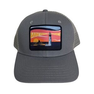 Vineyard Vines Mens Gray Lighthouse Sunset Patch Trucker Hat Snapback Mesh Cap